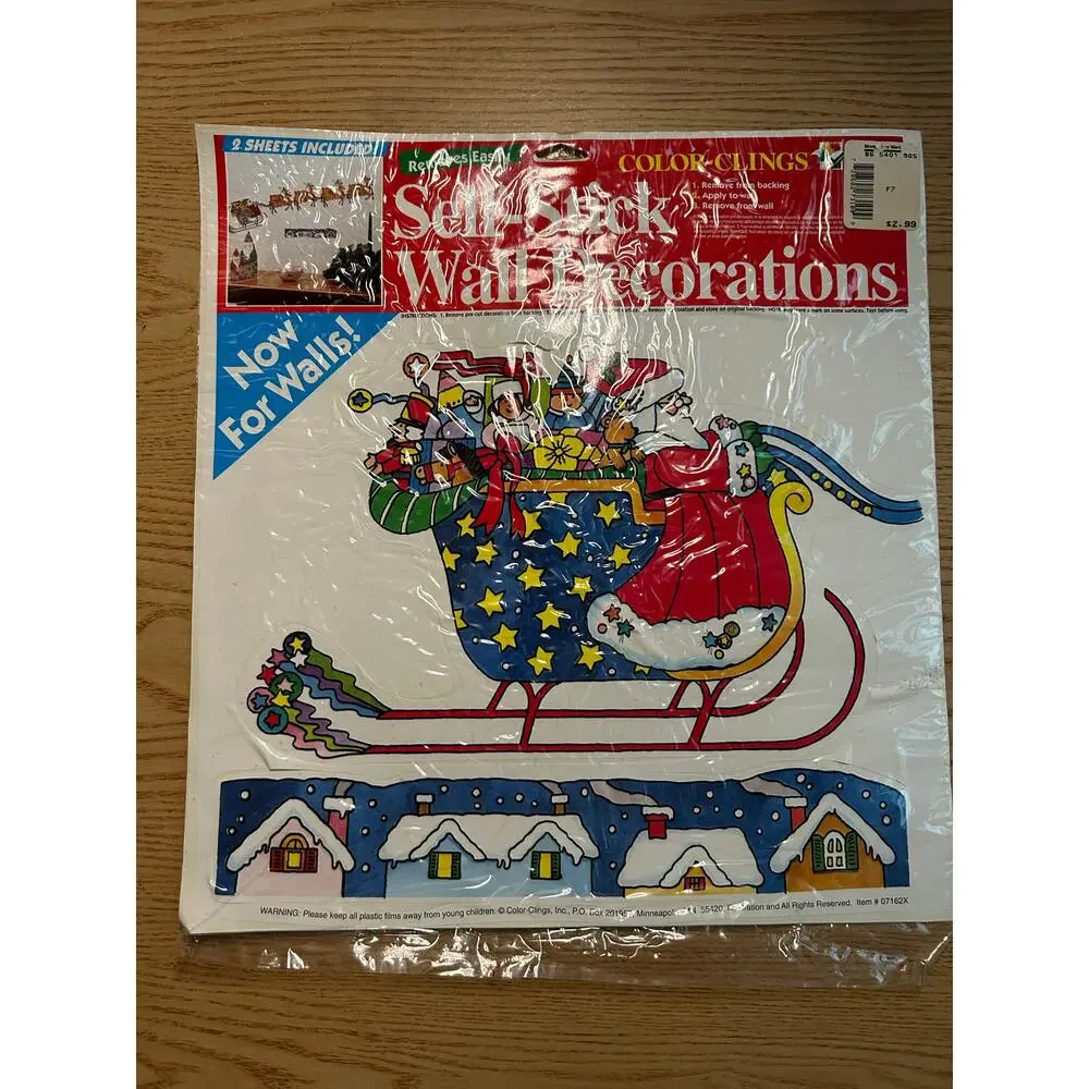New 5pc Vintage Christmas Self Stick Wall Decorations Santa Reindeer Penguins